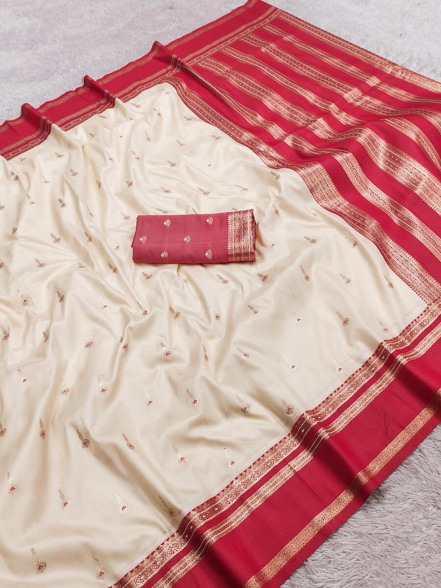 Classy Beige Pure Zari Weaving Banarasi Silk Saree With Bewitching Blouse Piece
