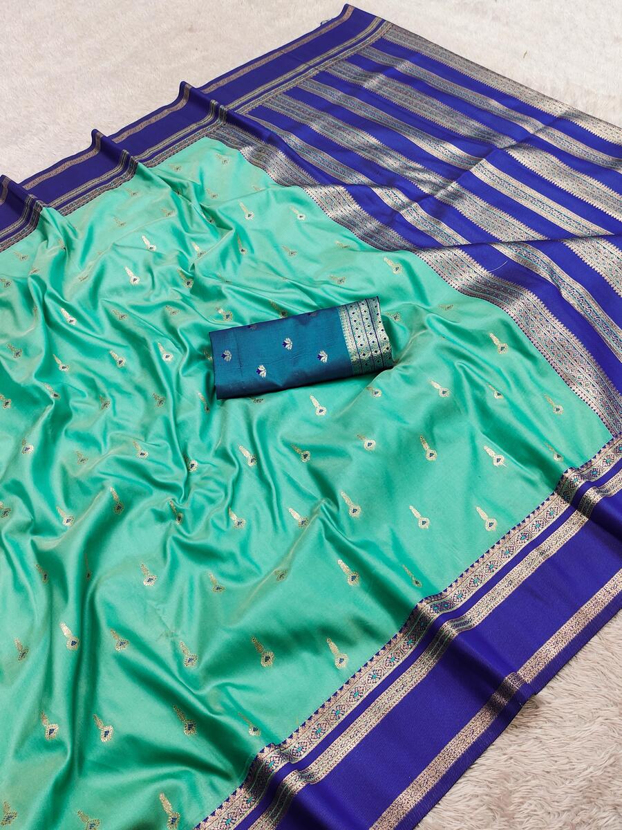 Embellished Firozi Pure Zari Weaving Banarasi Silk Saree With Embrocation Blouse Piece