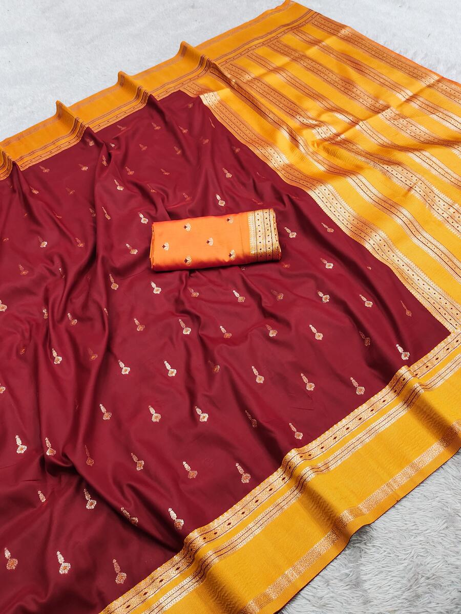 Whimsical Maroon Pure Zari Weaving Banarasi Silk Saree With Snazzy Blouse Piece