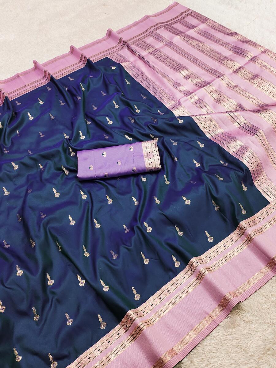 Propinquity Navy Blue Pure Zari Weaving Banarasi Silk Saree With Zephyr Blouse Piece
