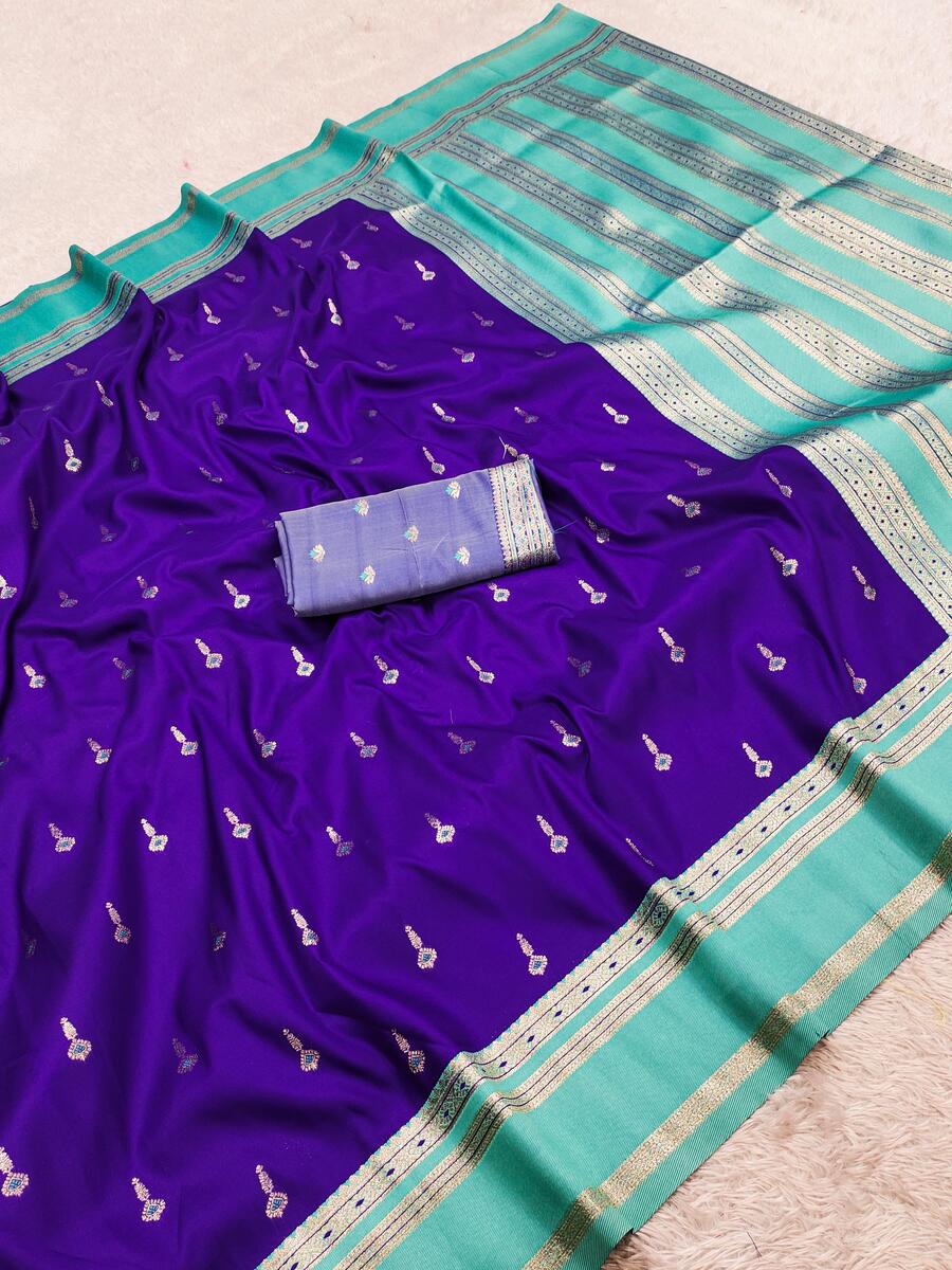 Flameboyant Purple Pure Zari Weaving Banarasi Silk Saree With Artistic Blouse Piece