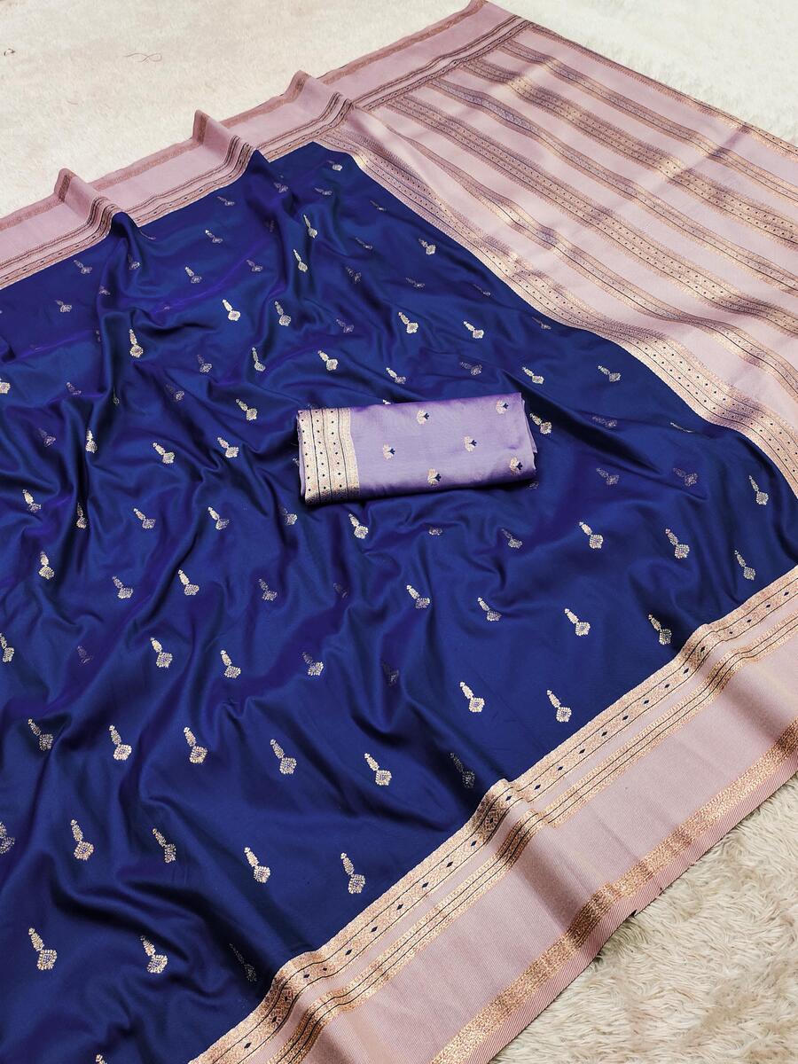 Sumptuous Royal Blue Pure Zari Weaving Banarasi Silk Saree With Stunning Blouse Piece