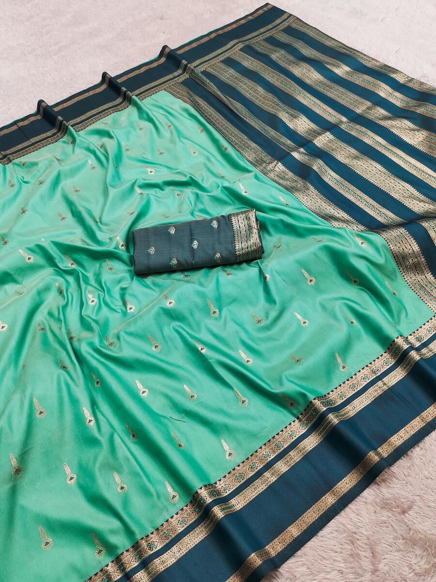 Smart Sea Green Pure Zari Weaving Banarasi Silk Saree With Marvellous Blouse Piece