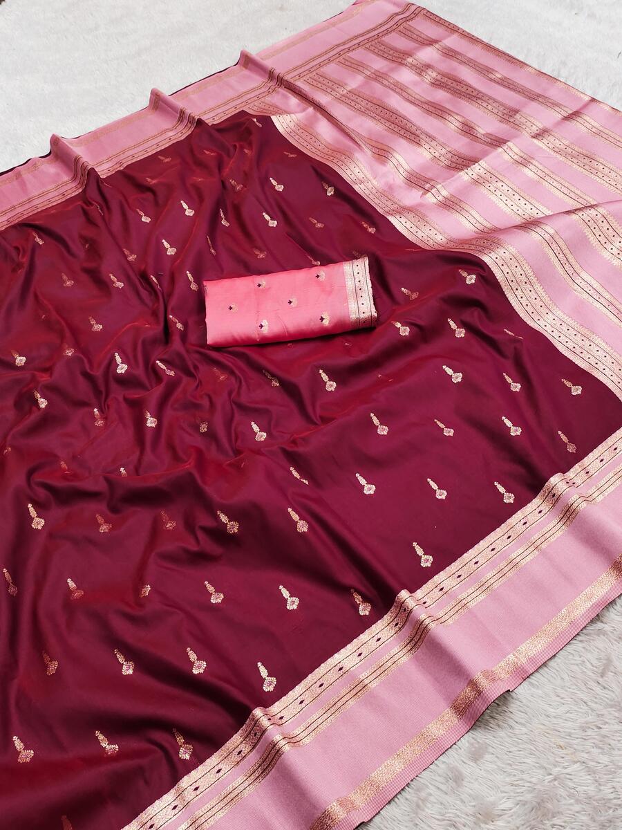 Fantabulous Wine Pure Zari Weaving Banarasi Silk Saree With Extraordinary Blouse Piece