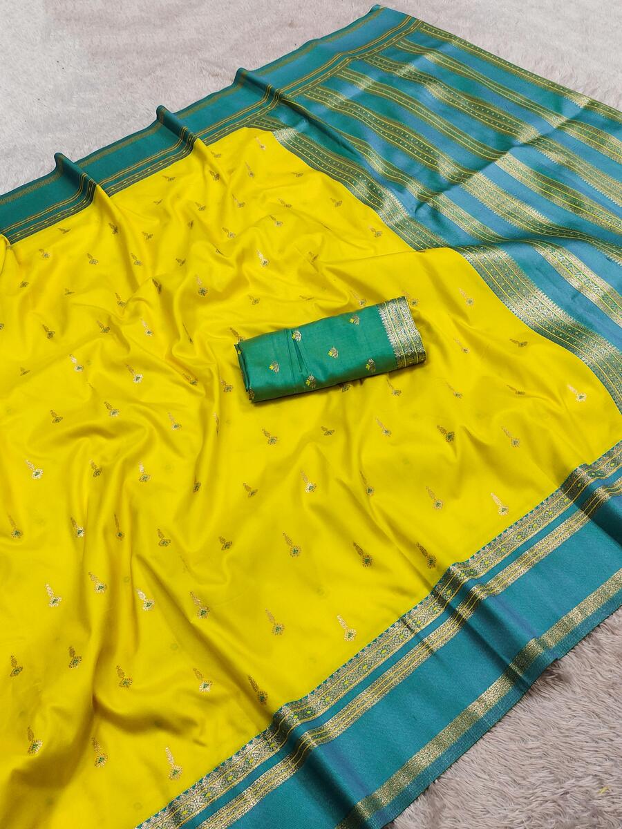 Eclat Yellow Pure Zari Weaving Banarasi Silk Saree With Fragrant Blouse Piece