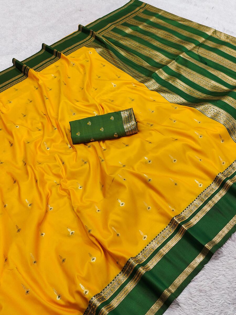 Engrossing Yellow Pure Zari Weaving Banarasi Silk Saree With Symmetrical Blouse Piece