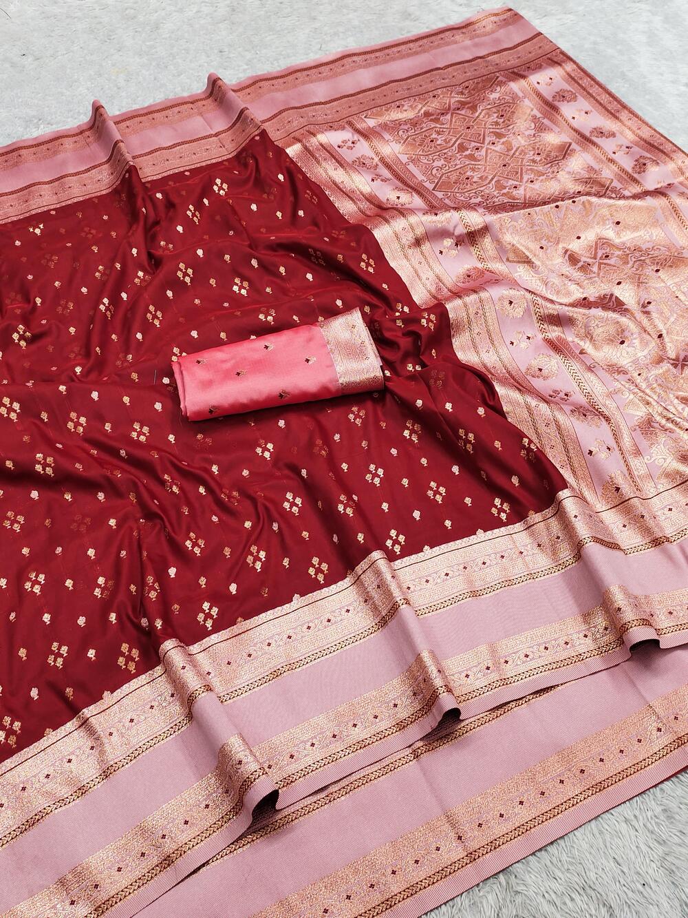 Glittering Maroon Pure Zari Weaving Banarasi Silk Saree With Murmurous Blouse Piece
