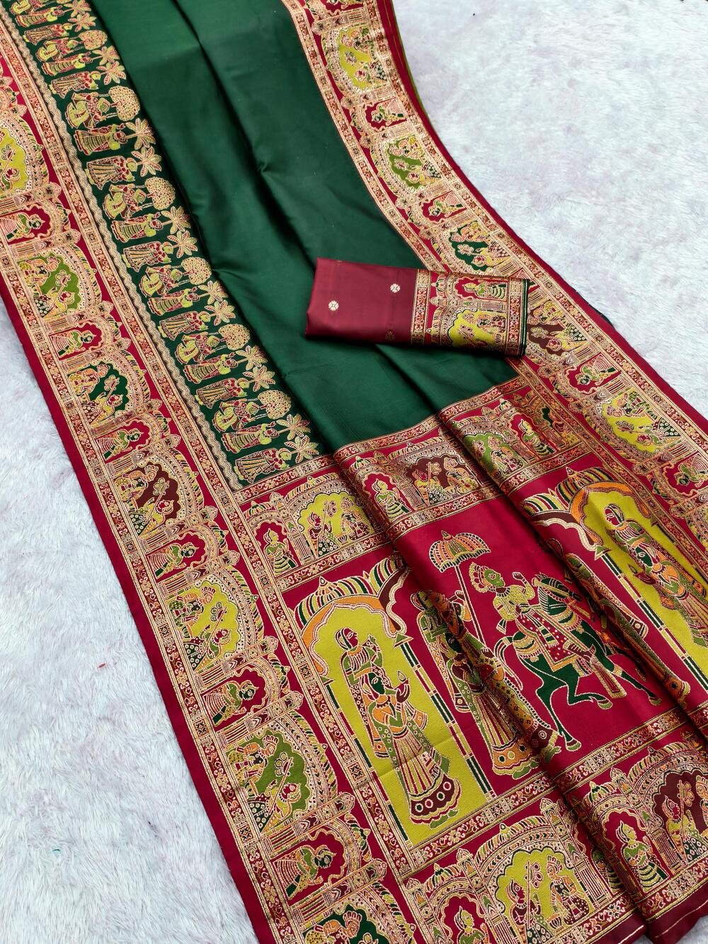 Improbable Dark Green Pashmina Saree With Felicitous Blouse Piece