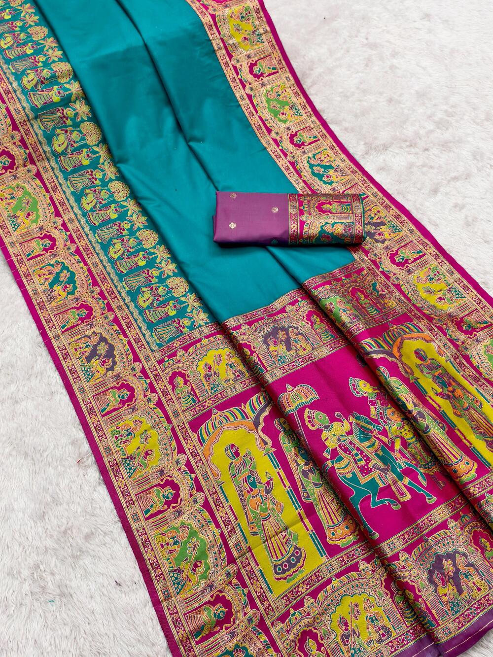 Gleaming Firozi Pashmina Saree With Glowing Blouse Piece