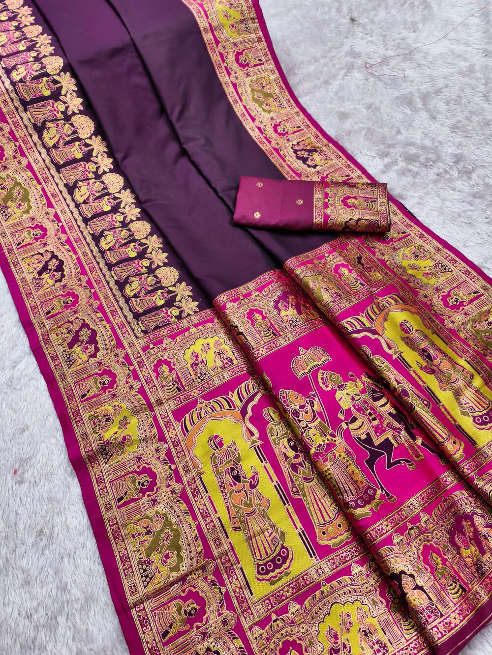 Tremendous Wine Pashmina Saree With Most Flattering Blouse Piece