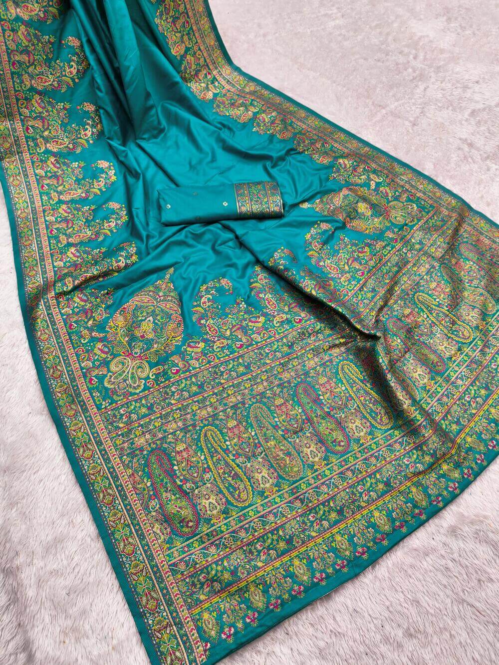 Captivating Firozi Pashmina Saree With Traditional Blouse Piece