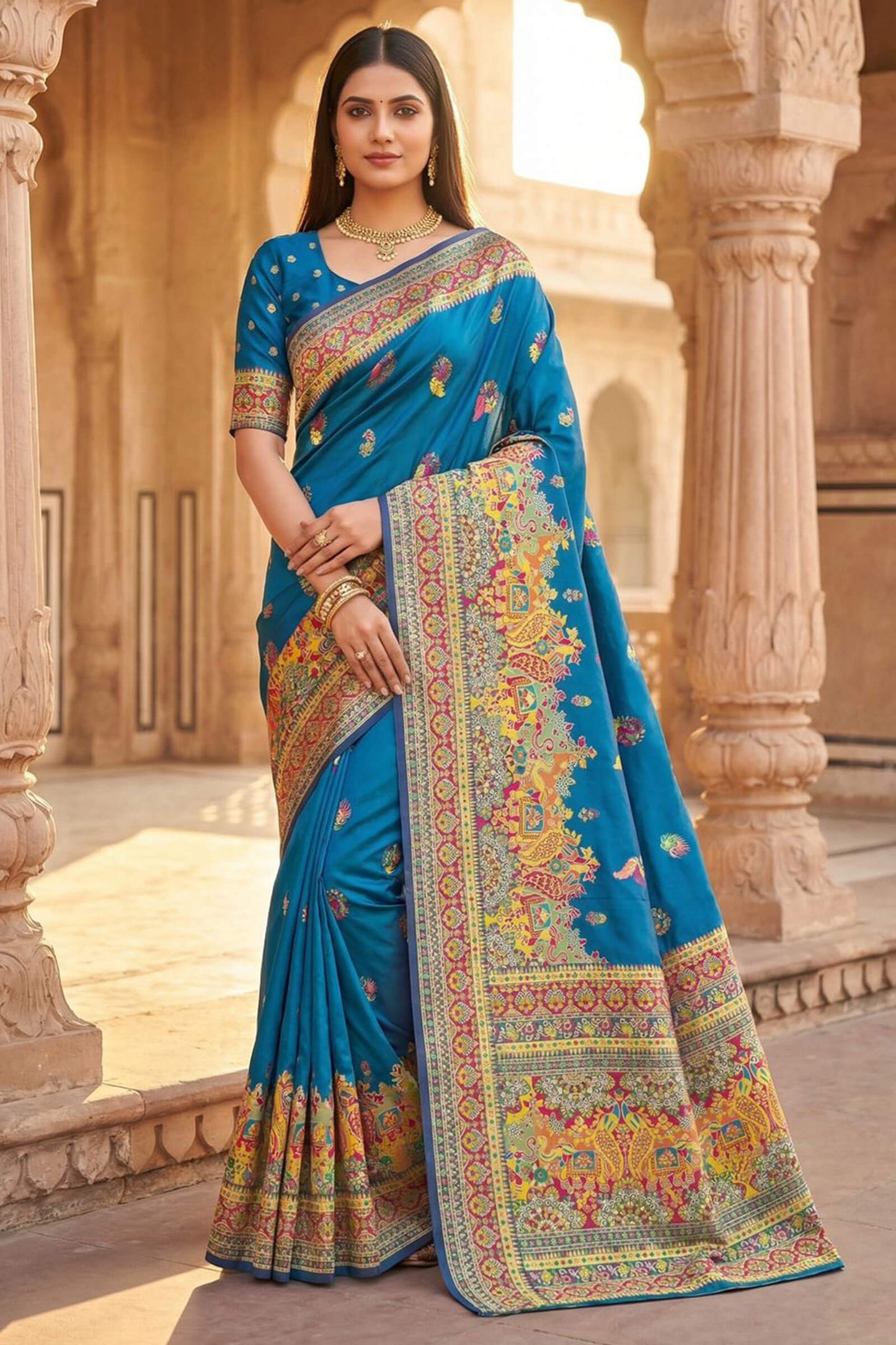 Lassitude Blue Pashmina Silk Saree With Incomparable Blouse Piece