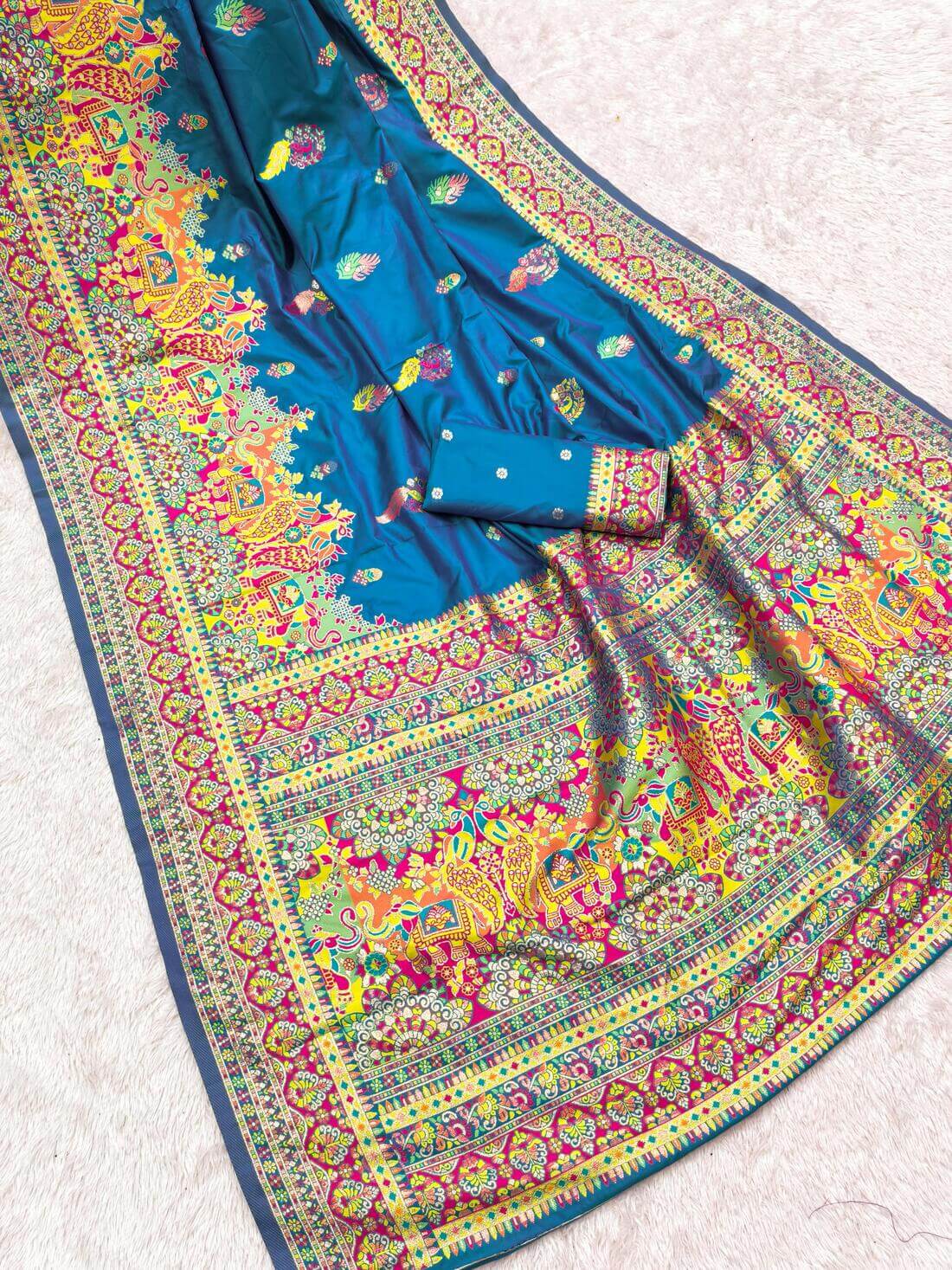 Lassitude Blue Pashmina Silk Saree With Incomparable Blouse Piece