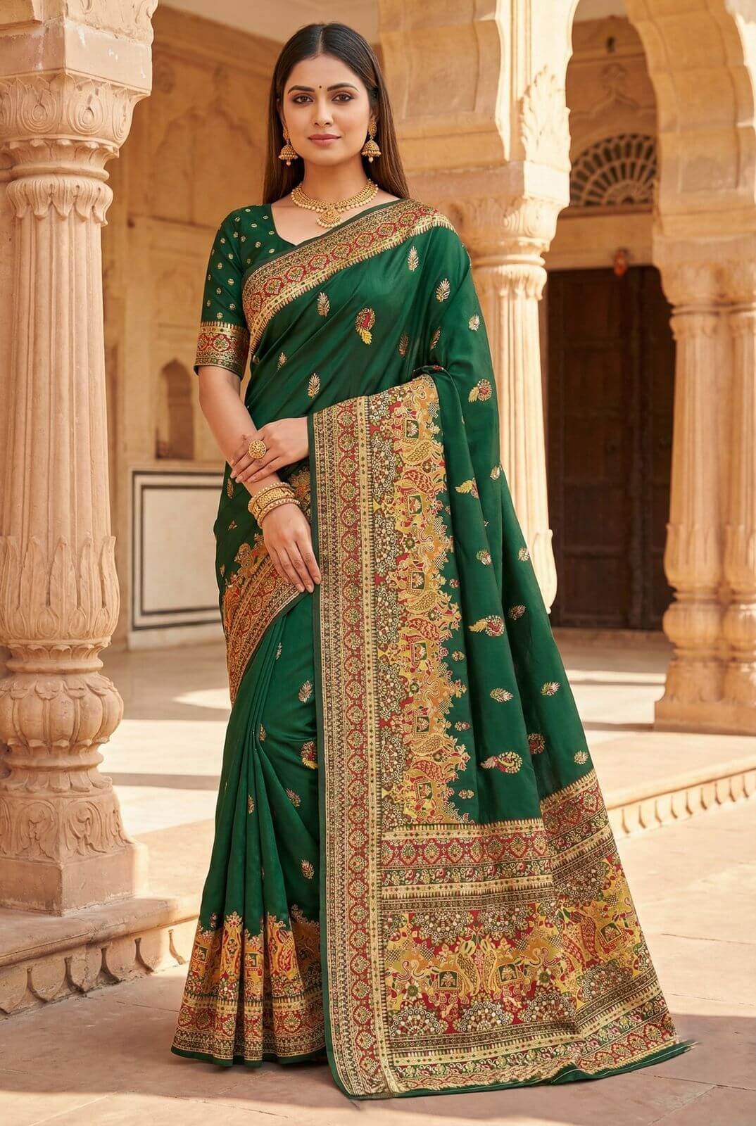 Vibrant Dark Green Pashmina Silk Saree With Designer Blouse Piece