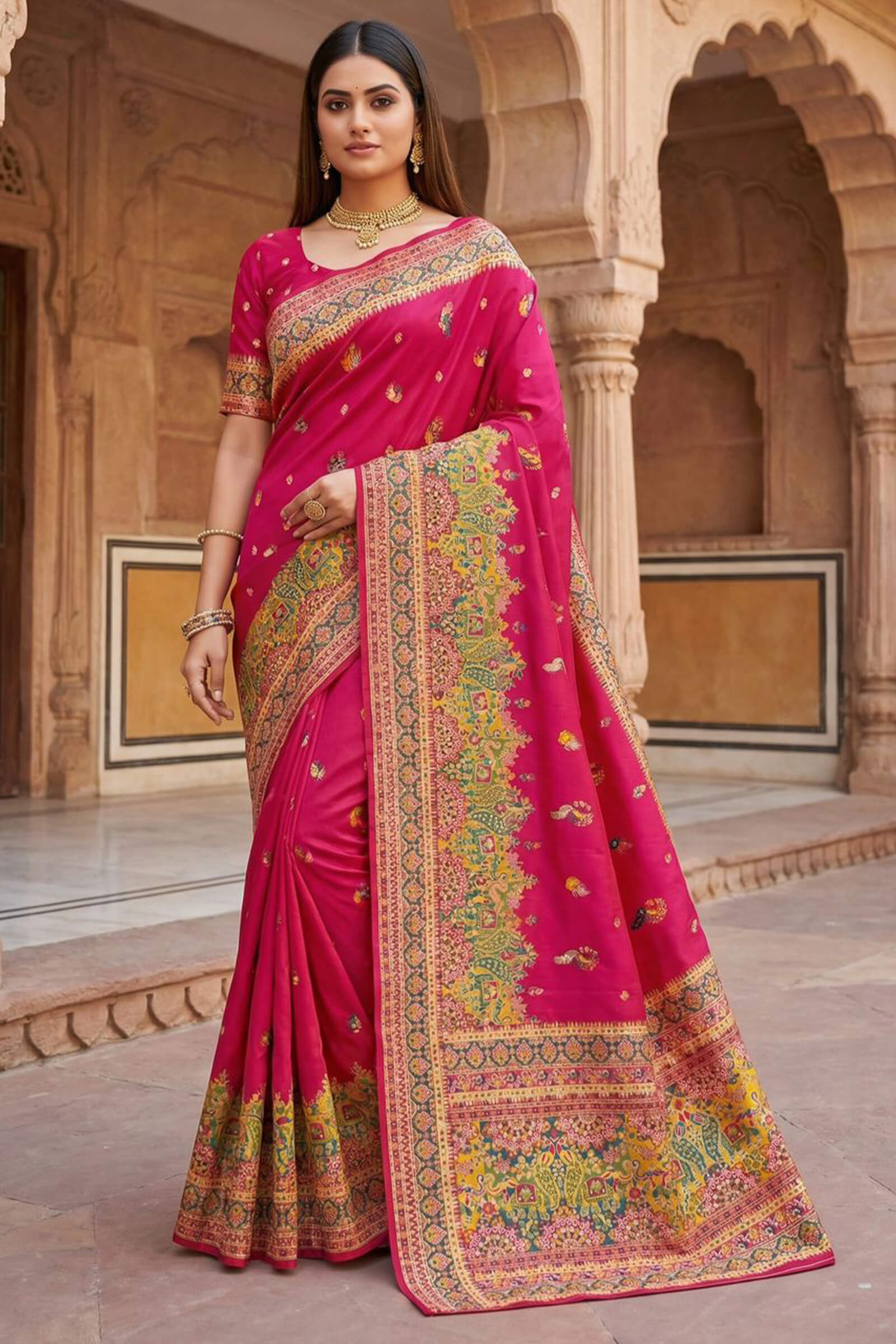 Incredible Dark Pink Pashmina Silk Saree With Aplomb Blouse Piece