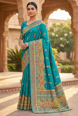 Impressive Firozi Pashmina Silk Saree With Desirable Blouse Piece