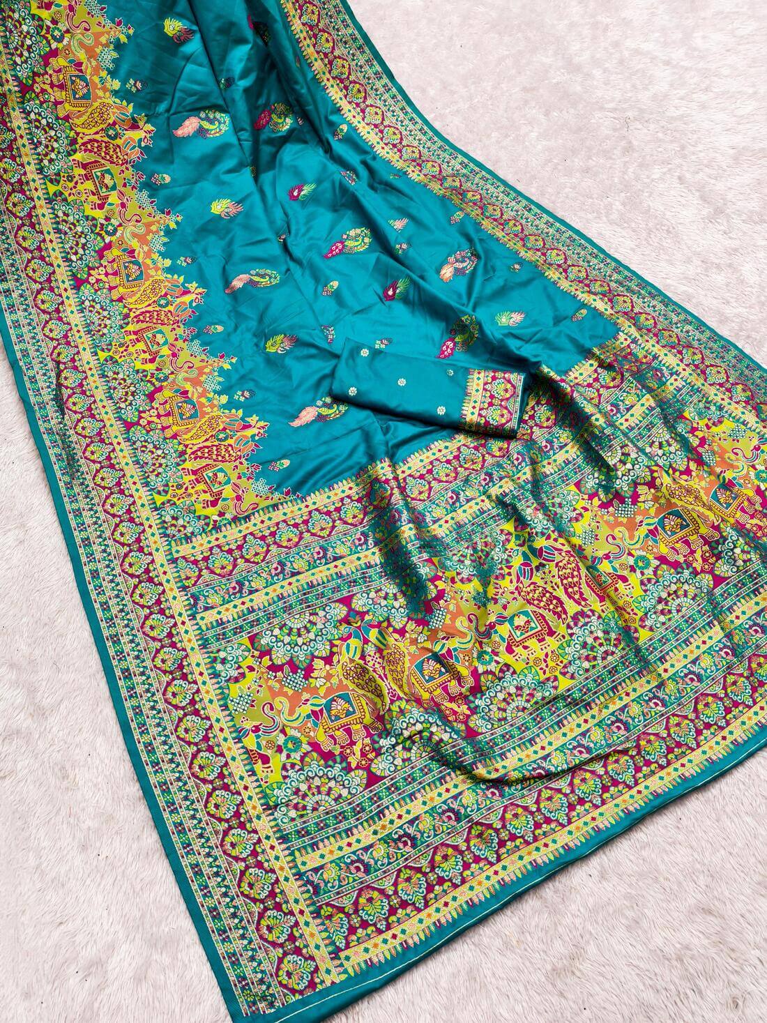 Impressive Firozi Pashmina Silk Saree With Desirable Blouse Piece