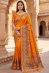 Preferable Orange Pashmina Silk Saree With Dalliance Blouse Piece