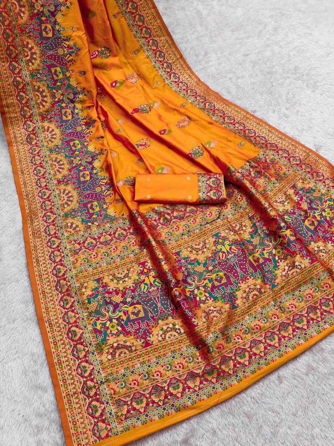 Preferable Orange Pashmina Silk Saree With Dalliance Blouse Piece