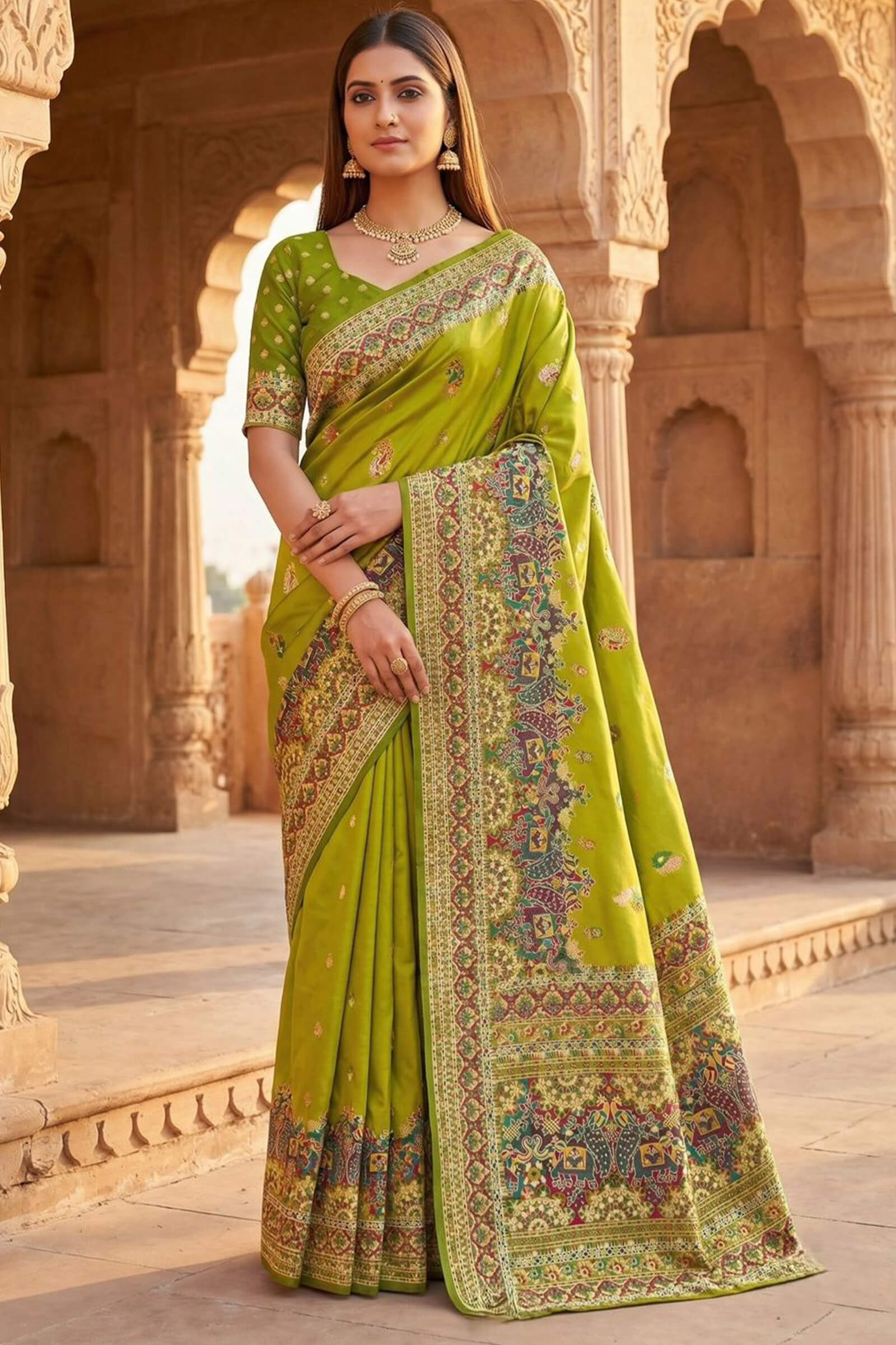 Sempiternal Parrot Pashmina Silk Saree With Girlish Blouse Piece