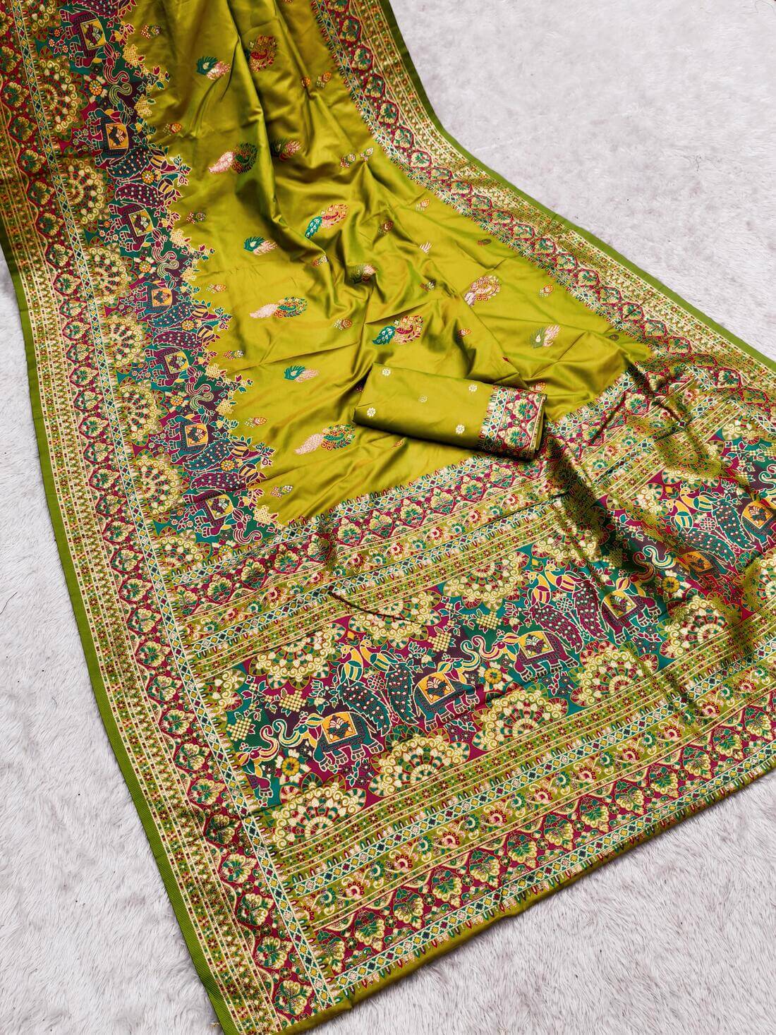 Sempiternal Parrot Pashmina Silk Saree With Girlish Blouse Piece