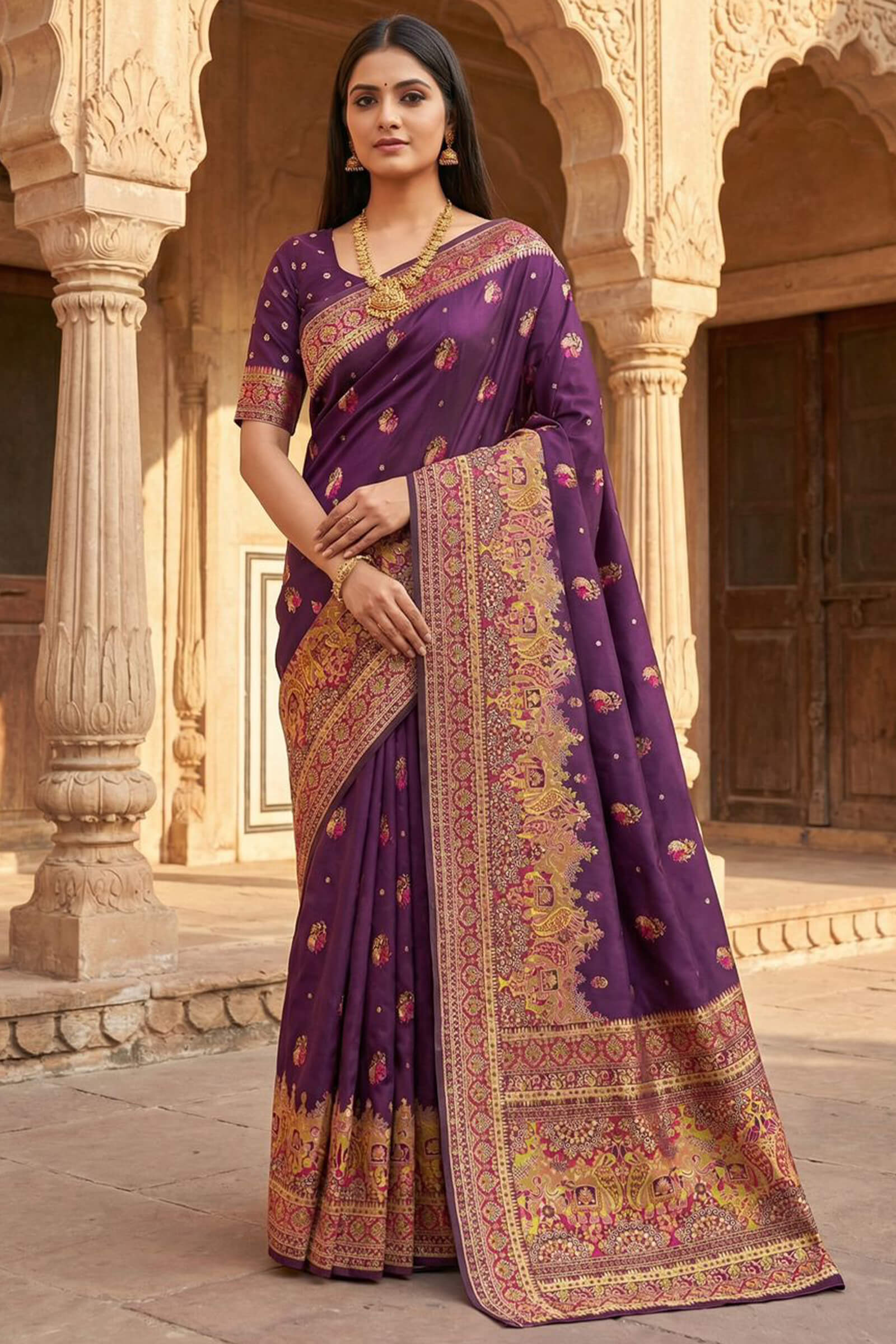Sumptuous Purple Pashmina Silk Saree With Intricate Blouse Piece