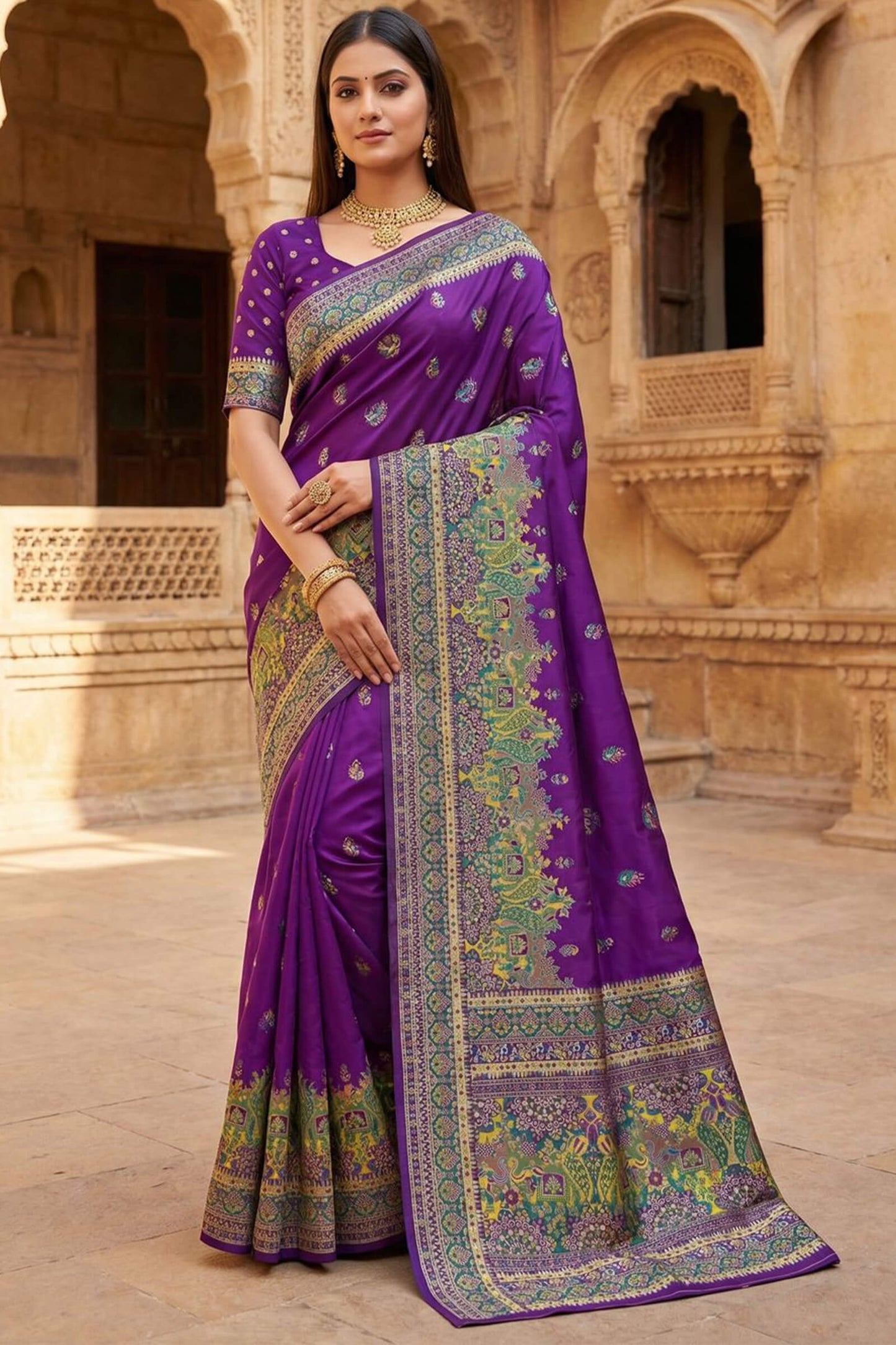 Ethnic Royal Purple Pashmina Silk Saree With Deserving Blouse Piece