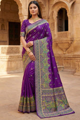 Ethnic Royal Purple Pashmina Silk Saree With Deserving Blouse Piece