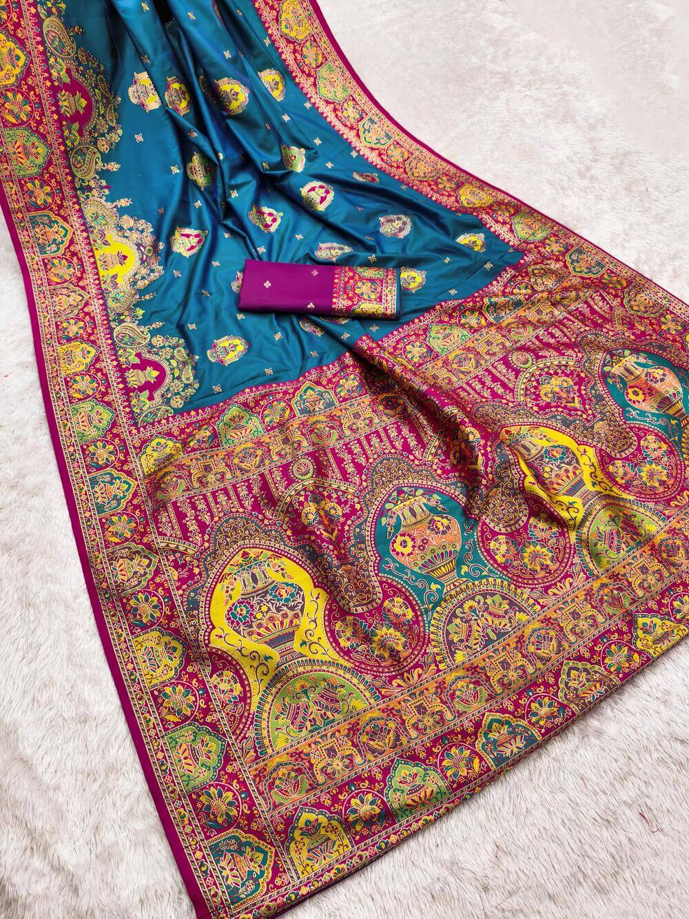Symmetrical Blue Pashmina Saree With Demesne Blouse Piece