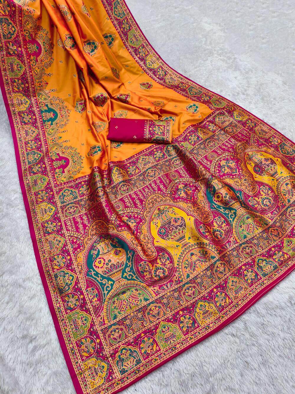 Opulent Orange Pashmina Saree With Denouement Blouse Piece