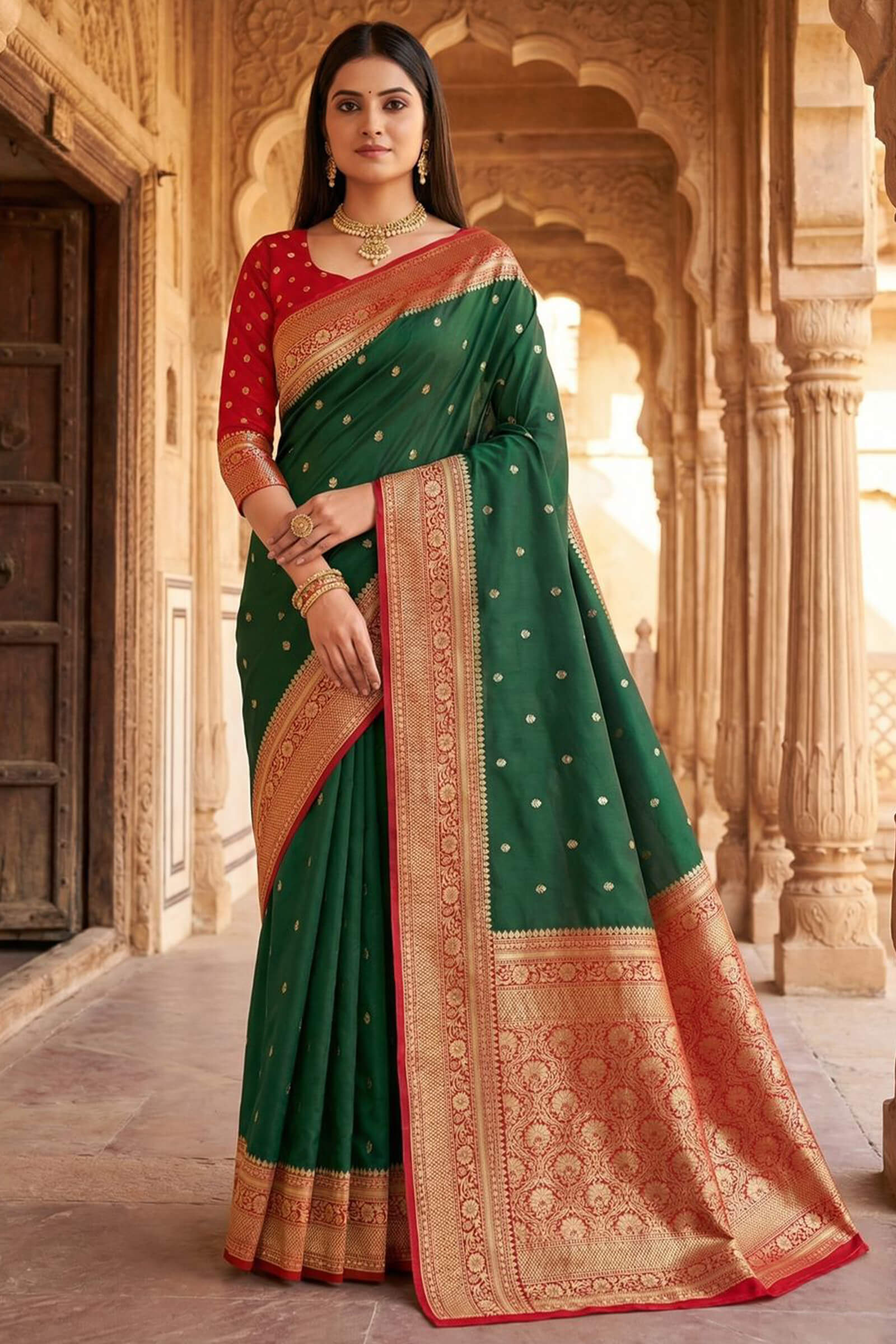 Supernal Dark Green Pure Zari Weaving Banarasi Silk Saree With Refreshing Blouse Piece