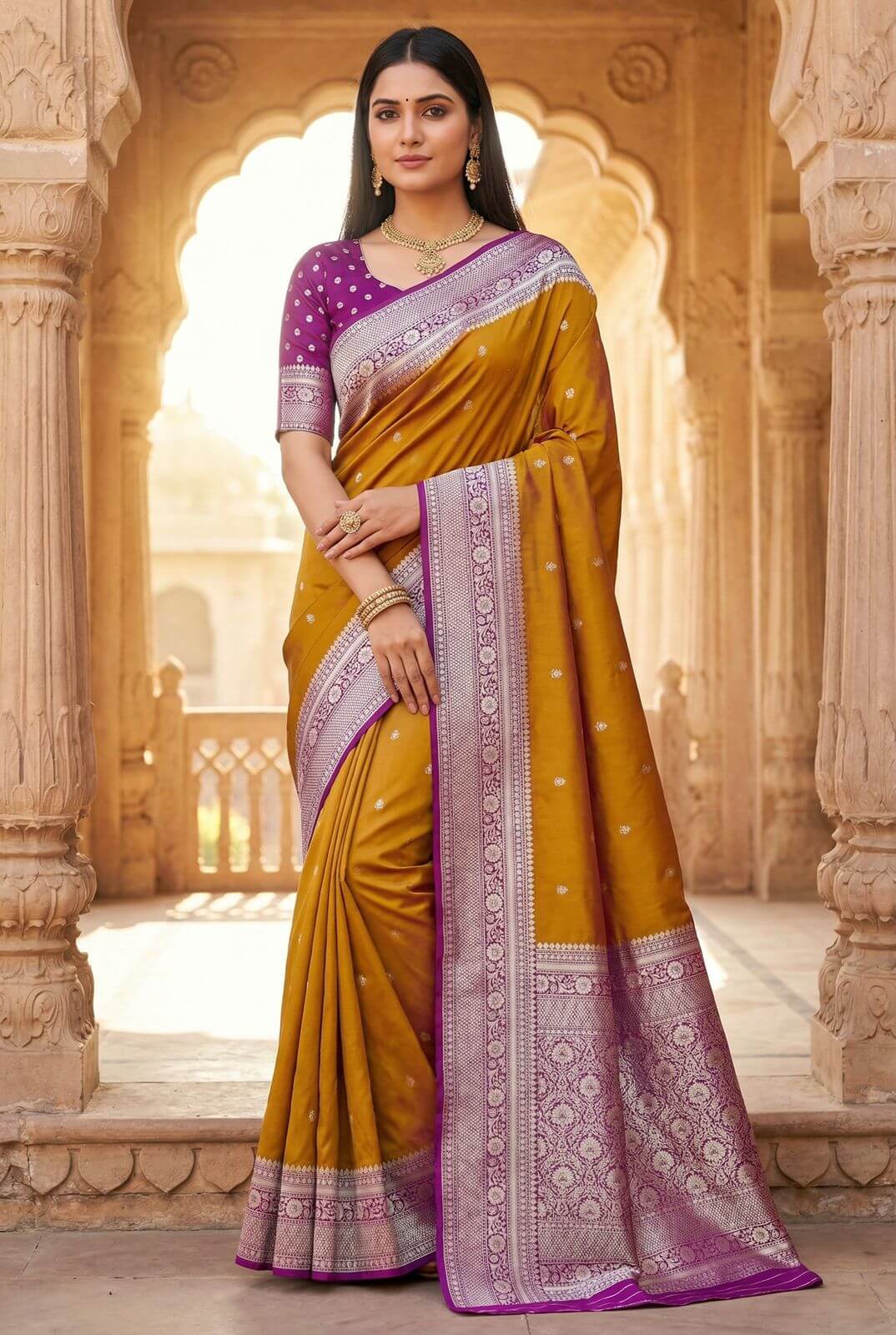 Prominent Mustard Pure Zari Weaving Banarasi Silk Saree With Beguiling Blouse Piece