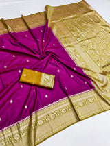 Alluring Purple Pure Zari Weaving Banarasi Silk Saree With Propinquity Blouse Piece
