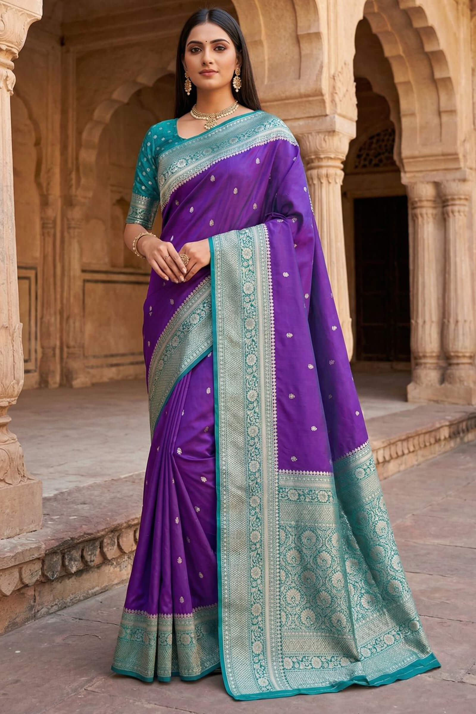 Ideal Royal Purple Pure Zari Weaving Banarasi Silk Saree With Desuetude Blouse Piece