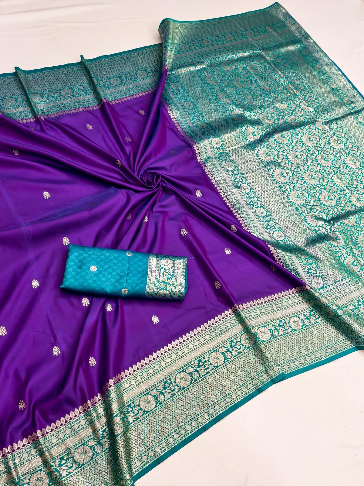 Ideal Royal Purple Pure Zari Weaving Banarasi Silk Saree With Desuetude Blouse Piece