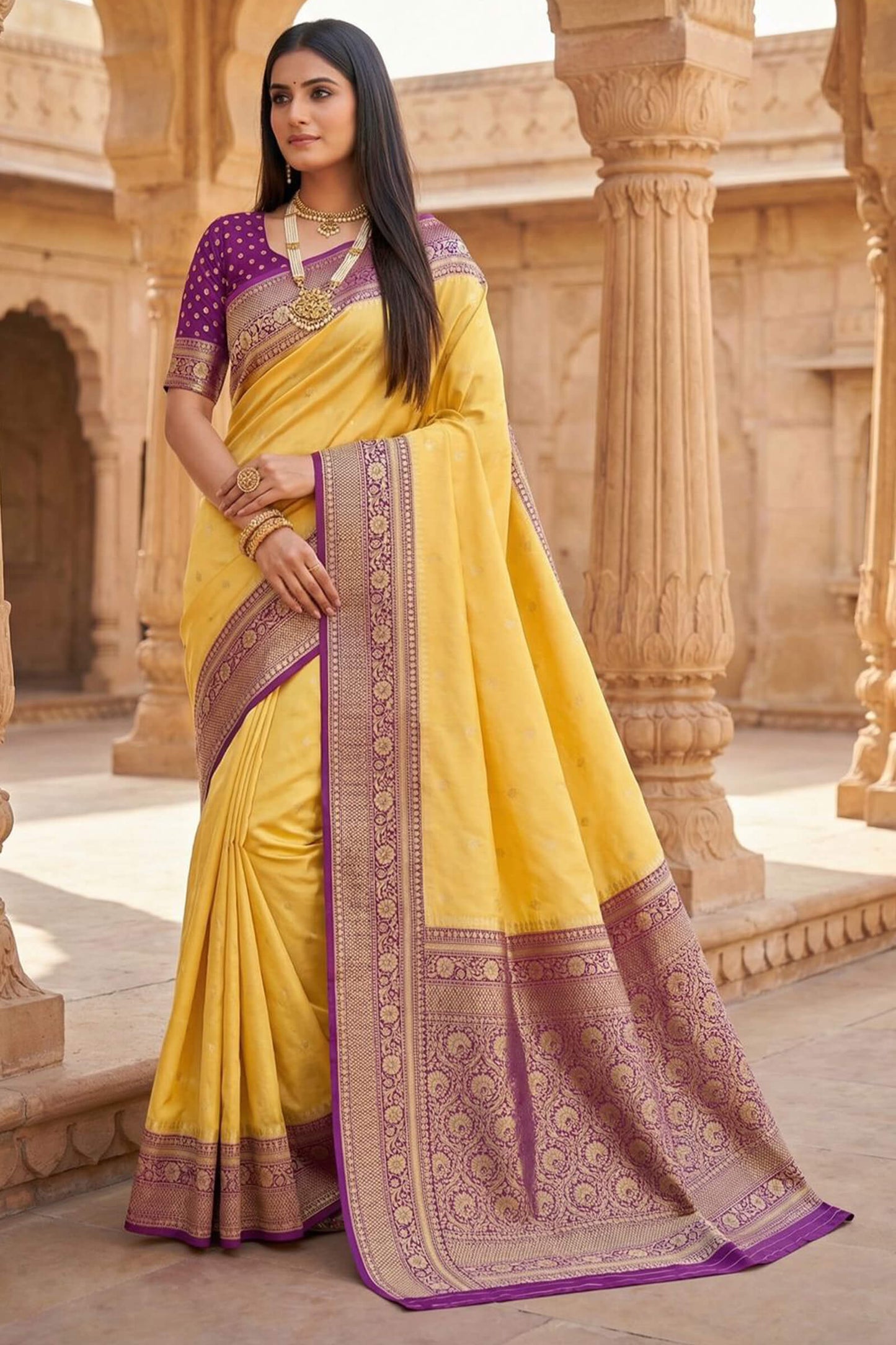 Ornate Yellow Pure Zari Weaving Banarasi Silk Saree With Arresting Blouse Piece
