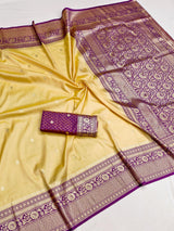 Ornate Yellow Pure Zari Weaving Banarasi Silk Saree With Arresting Blouse Piece