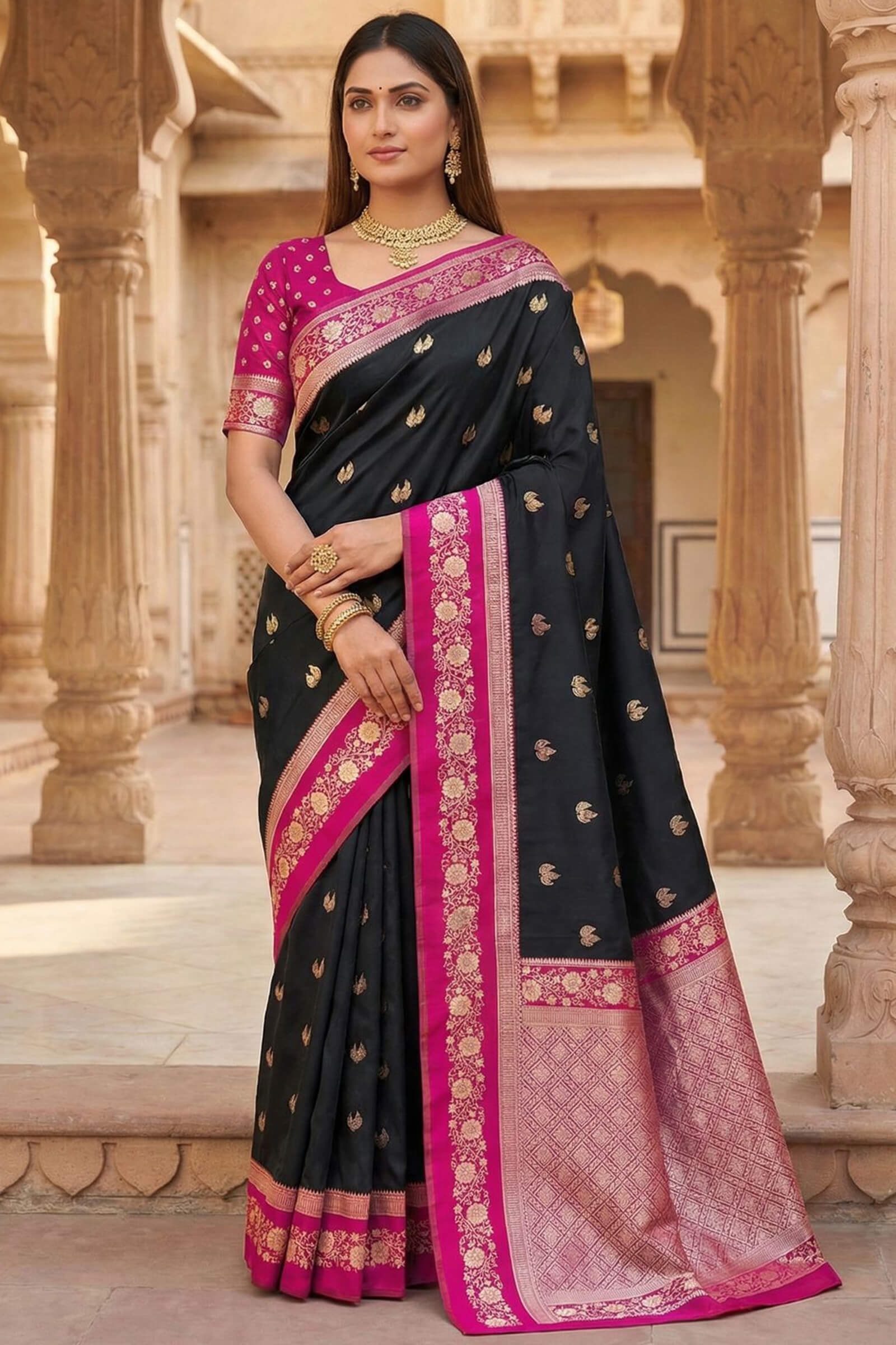 Piquant Black Pure Zari Weaving Banarasi Silk Saree With Desultory Blouse Piece