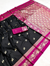 Piquant Black Pure Zari Weaving Banarasi Silk Saree With Desultory Blouse Piece