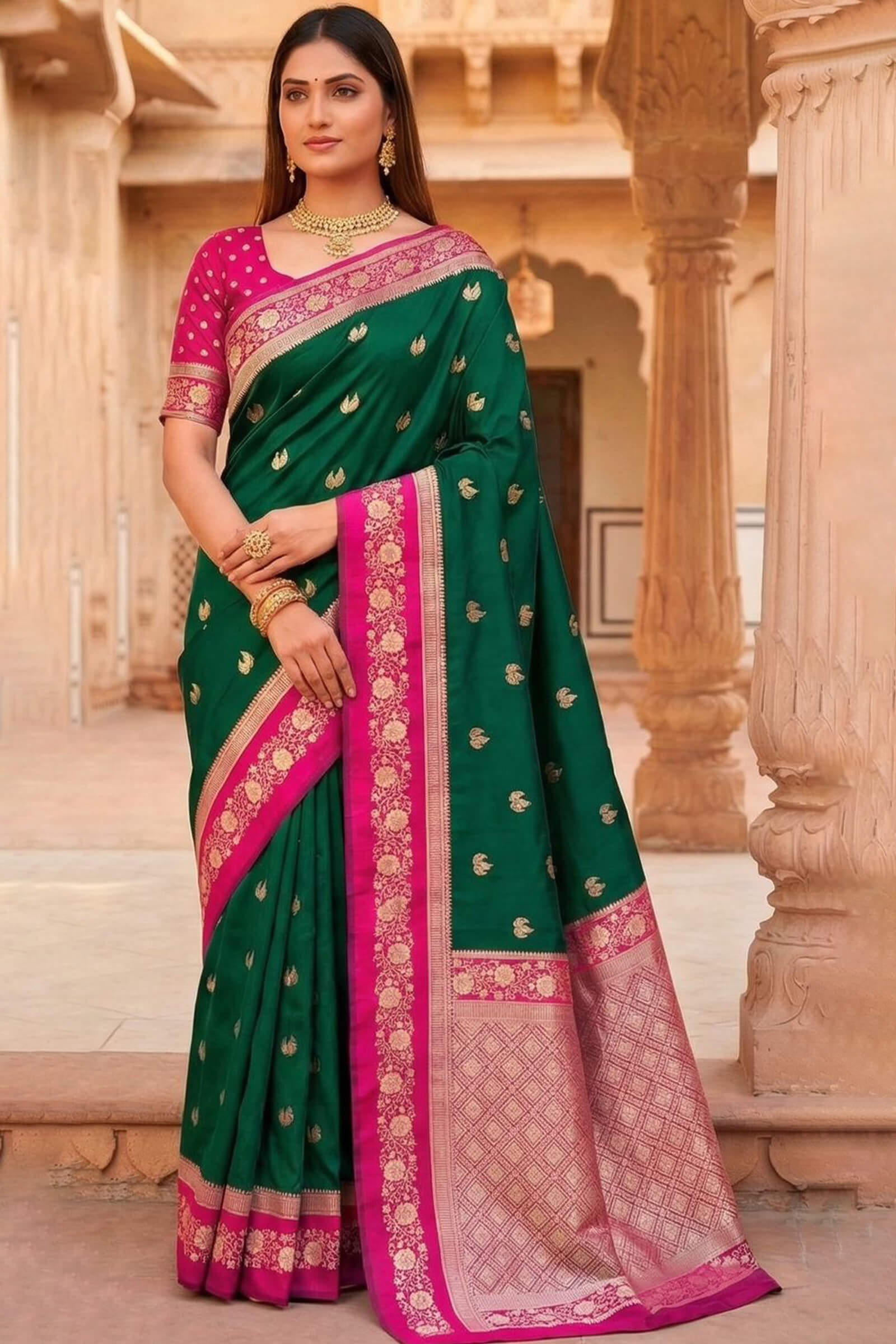 Fairytale Dark Green Pure Zari Weaving Banarasi Silk Saree With Luxuriant Blouse Piece
