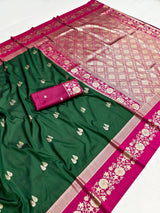 Fairytale Dark Green Pure Zari Weaving Banarasi Silk Saree With Luxuriant Blouse Piece