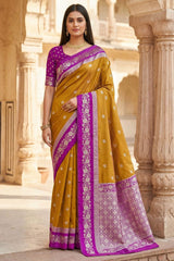Amazing Mustard Pure Zari Weaving Banarasi Silk Saree With Glittering Blouse Piece