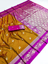 Amazing Mustard Pure Zari Weaving Banarasi Silk Saree With Glittering Blouse Piece