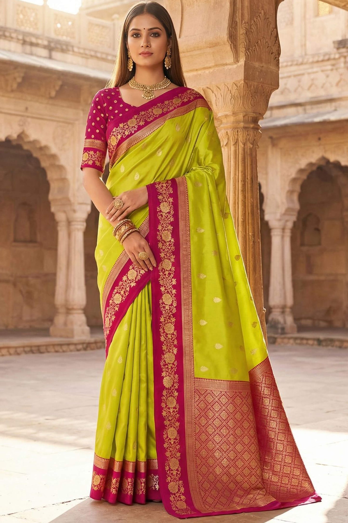 Demesne Parrot Pure Zari Weaving Banarasi Silk Saree With Zephyr Blouse Piece