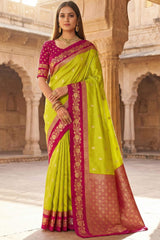 Demesne Parrot Pure Zari Weaving Banarasi Silk Saree With Zephyr Blouse Piece