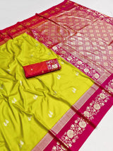 Demesne Parrot Pure Zari Weaving Banarasi Silk Saree With Zephyr Blouse Piece