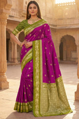 Elision Purple Pure Zari Weaving Banarasi Silk Saree With Lovely Blouse Piece