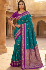 Engrossing Rama Pure Zari Weaving Banarasi Silk Saree With Inspiring Blouse Piece