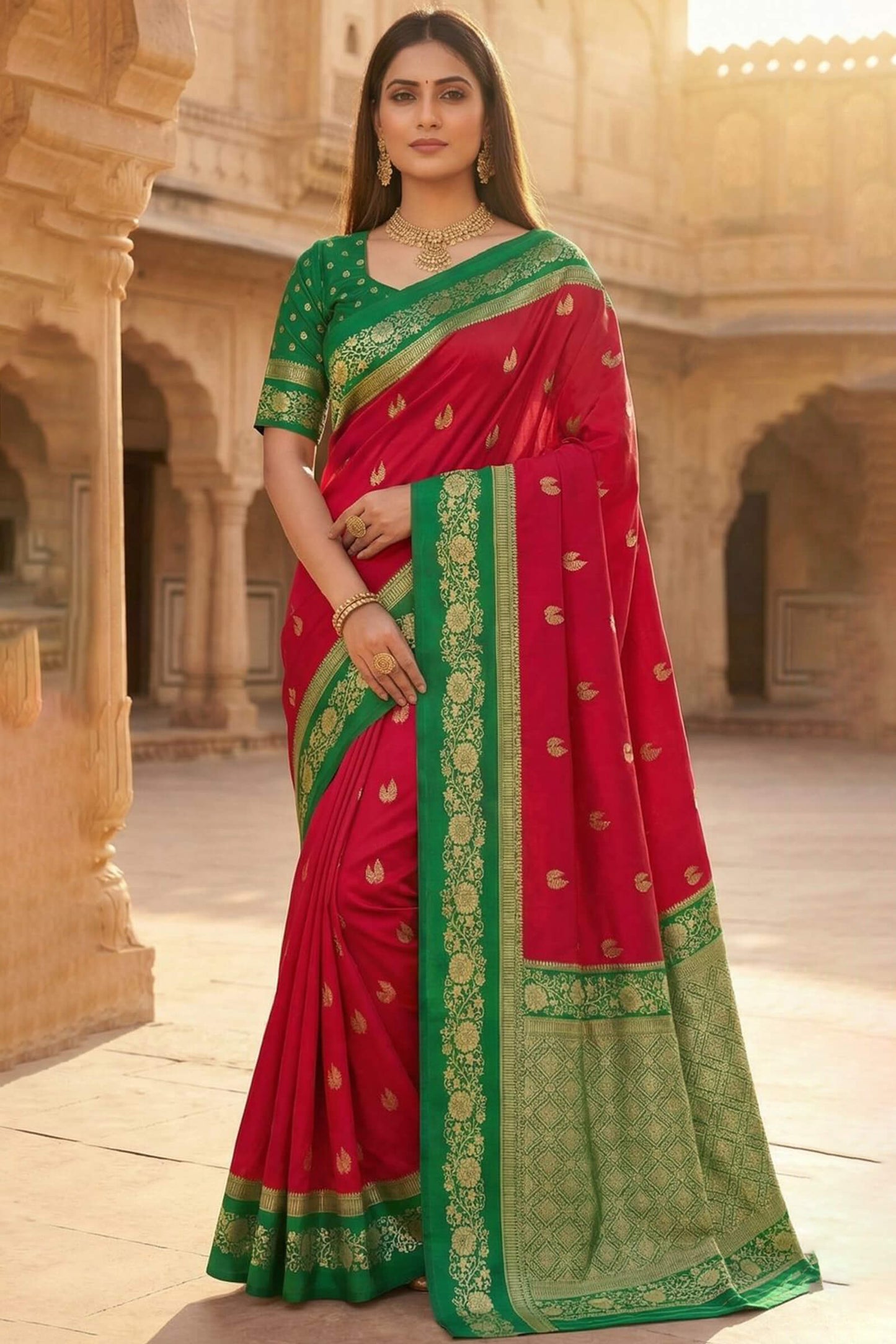 Fragrant Red Pure Zari Weaving Banarasi Silk Saree With Mesmeric Blouse Piece