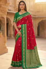 Fragrant Red Pure Zari Weaving Banarasi Silk Saree With Mesmeric Blouse Piece